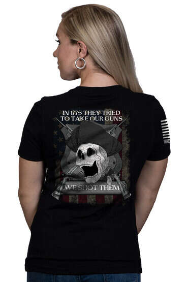 Nine Line 1776 We Shot Them Women's Short Sleeve V-Neck T-Shirt in Black with graphic on back